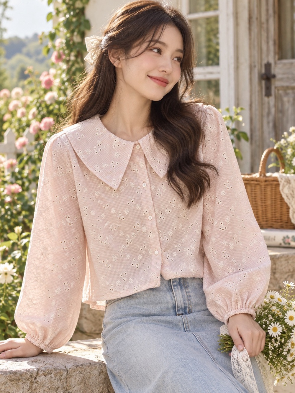 NWOT Pink Gingham Eyelet Blouse XL Oversized Collar Coquette Cottagecore Girly